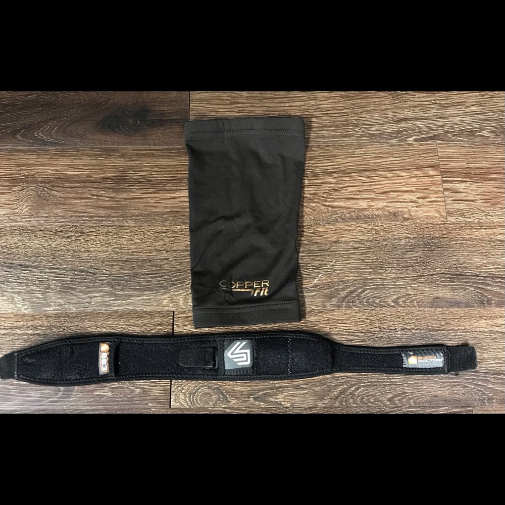 Copper fit knee compression sleeve and shock doctor knee support strap